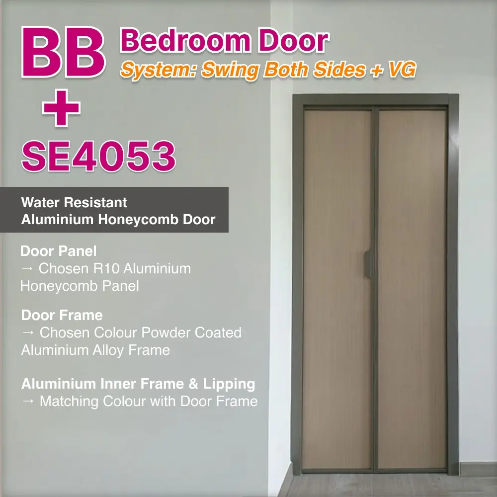 #08 Beige Grey Top Hung Aluminium Framed BB Bedroom Door (French Door) with VG Classy Invisible Hinge Swing System in Design O for Bedroom #08 Beige Grey Top Hung Aluminium Framed BB Bedroom Door (French Door) with VG Classy Invisible Hinge Swing System in Design O with Panel A: 10R 1813, A Light brown straight grain wood textured thick waterproof aluminium honeycomb panel for Bedroom