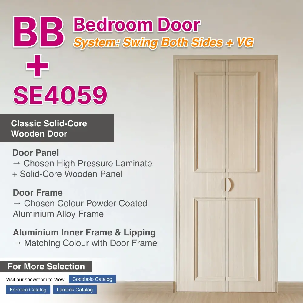 #07 Paper Bark Top Hung Aluminium Framed BB Bedroom Door (French Door) with VG Classy Invisible Hinge Swing System in Custom Design for Bedroom #07 Paper Bark Top Hung Aluminium Framed BB Bedroom Door (French Door) with VG Classy Invisible Hinge Swing System in Design O with Aluminium Trimming and Panel A: No.4059 High Pressure Laminate (HPL) on Solid Core Wood CWZ6248 Ever Ash Laminate, a light ash woodgrain finish with subtle linear grain and a smooth matte texture for Bedroom
