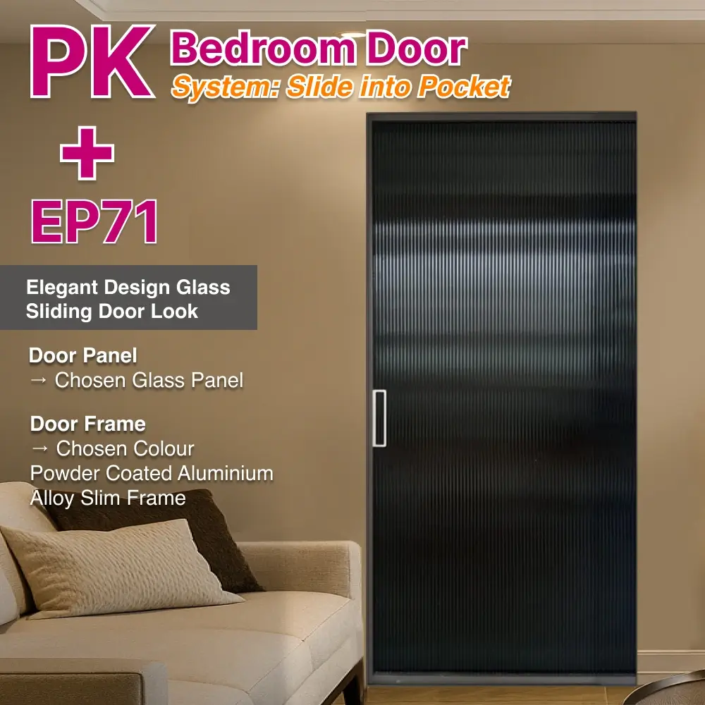 #08 Beige Grey Top Hung Aluminium Framed PK Bedroom Door with Pocket Sliding System for Bedroom #08 Beige Grey Top Hung Aluminium Framed PK Bedroom Door with Pocket Sliding System with Panel A: Glass Big Reeded (Fluted) Glass for Bedroom
