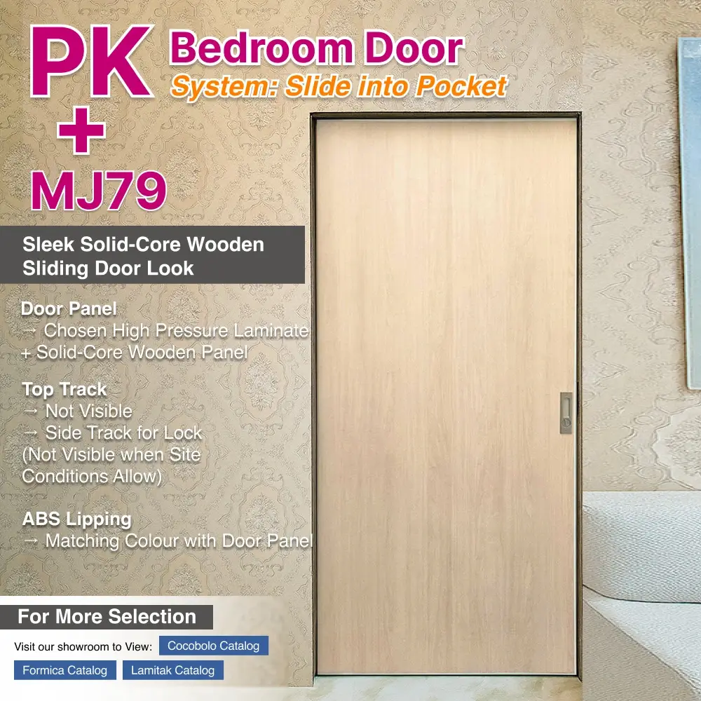 Top Hung Aluminium Framed PK Bedroom Door with Pocket Sliding System for Bedroom Top Hung Aluminium Framed PK Bedroom Door with Pocket Sliding System with Panel A: MJ79 High Pressure Laminate (HPL) on Solid Core Wood KI935, A beige wood like laminate for Bedroom
