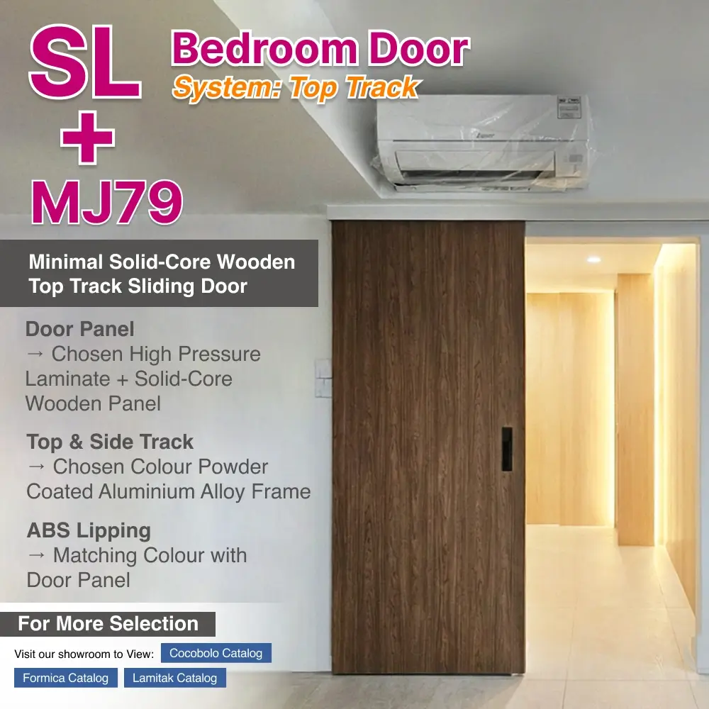 Top Hung SL Bedroom Door with Top Track Sliding System Top Hung SL Bedroom Door with Top Track Sliding System with Panel A: MJ79 High Pressure Laminate (HPL) on Solid Core Wood