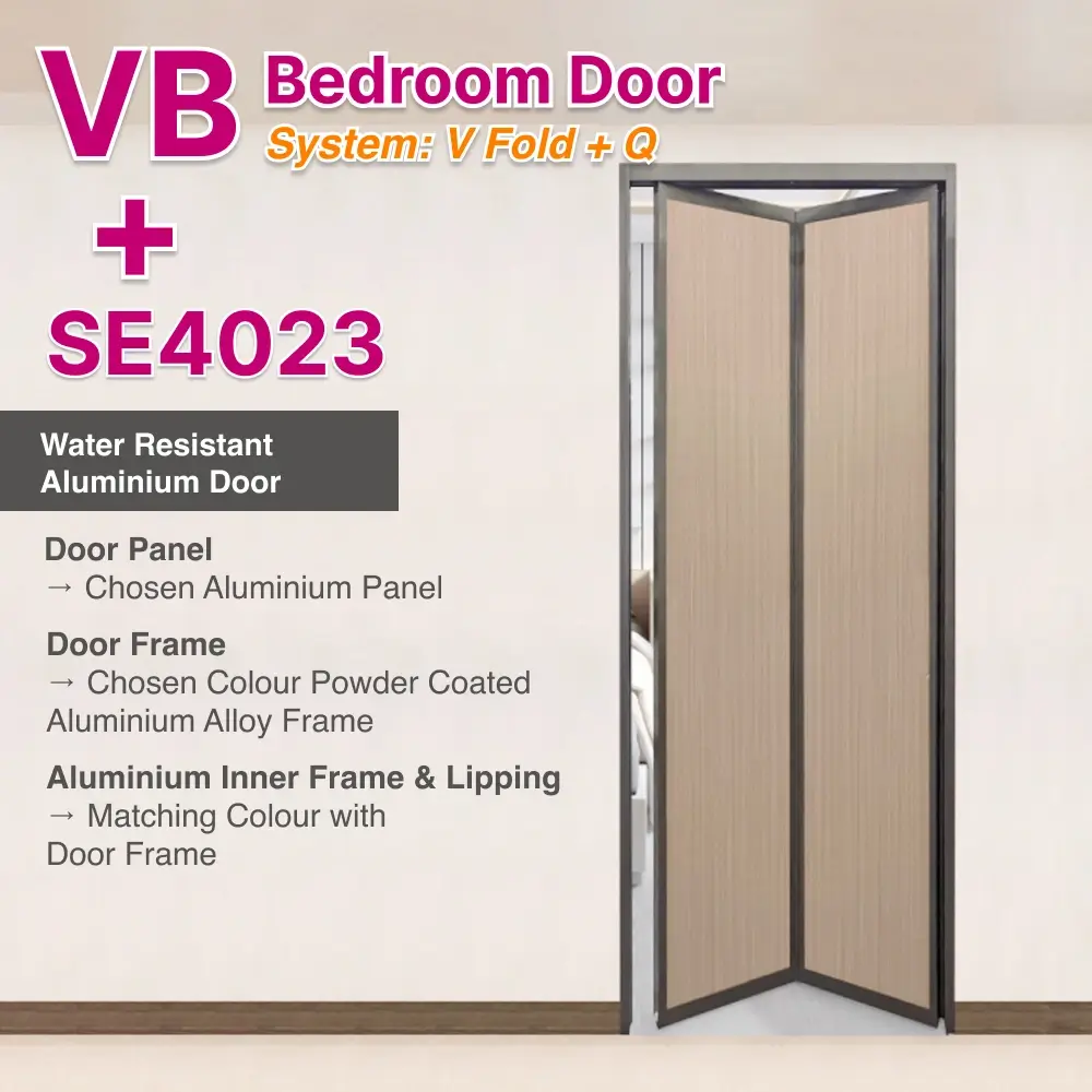 #08 Beige Grey Top Hung Aluminium Framed VB Bedroom Door (2 panel Folding Door) with Slim Frame Q Hinge Bifold System in Design O for Bedroom #08 Beige Grey Top Hung Aluminium Framed VB Bedroom Door (2 panel Folding Door) with Slim Frame Q Hinge Bifold System in Design O with Panel A: 10R 1813, A Light brown straight grain wood textured thick waterproof aluminium honeycomb panel and for Bedroom