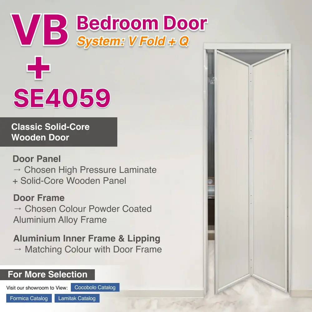 #02 Off White Top Hung Aluminium Framed VB Bedroom Door (2 panel Folding Door) with Slim Frame Q Hinge Bifold System in Design O for Bedroom #02 Off White Top Hung Aluminium Framed VB Bedroom Door (2 panel Folding Door) with Slim Frame Q Hinge Bifold System in Design O with Panel A: No.4059 High Pressure Laminate (HPL) on Solid Core Wood CB501 White Ash Laminate, a light ash woodgrain finish with subtle linear grain and a smooth matte texture for Bedroom