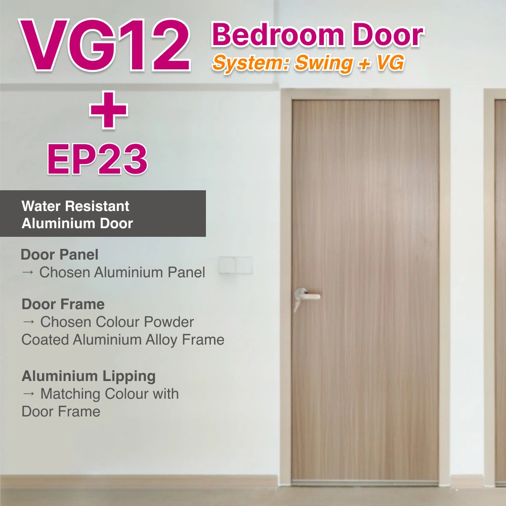 #07 Paper Bark Top Hung Aluminium Framed VG Bedroom Door with VG Classy Invisible Hinge Swing System #07 Paper Bark Top Hung Aluminium Framed VG Bedroom Door with VG Classy Invisible Hinge Swing System with Panel A: No.23 Door Panel KI935, A beige wood like laminate