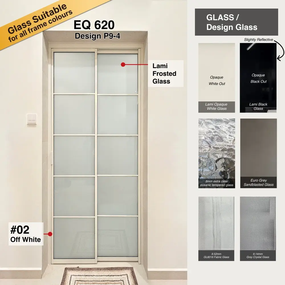 #02 Off White Top Hung Aluminium Framed Pd Door 5.0 (SQ620) with Slide & Swing System with SQ Slim Frame Hinge in Design O for Bathroom Modern Look - Slide and Swing Toilet Door - Design Tp - Off White - Lami Frosted Glass