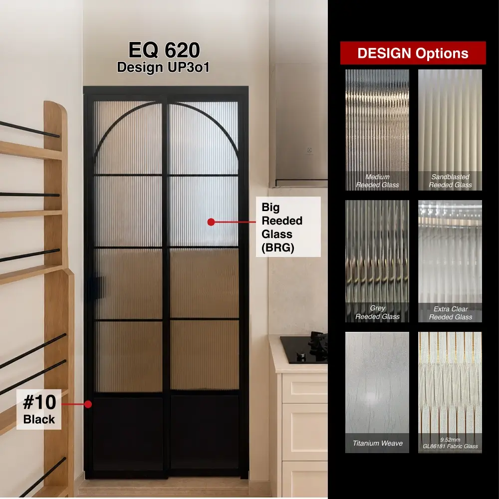 #10 Black Top Hung Aluminium Framed Pd Door 5.0 (SQ620) with Slide & Swing System with SQ Slim Frame Hinge in Design O for Bathroom Modern Look - Slide and Swing Toilet Door - Design Lp - Black - Big Reeded Glass
