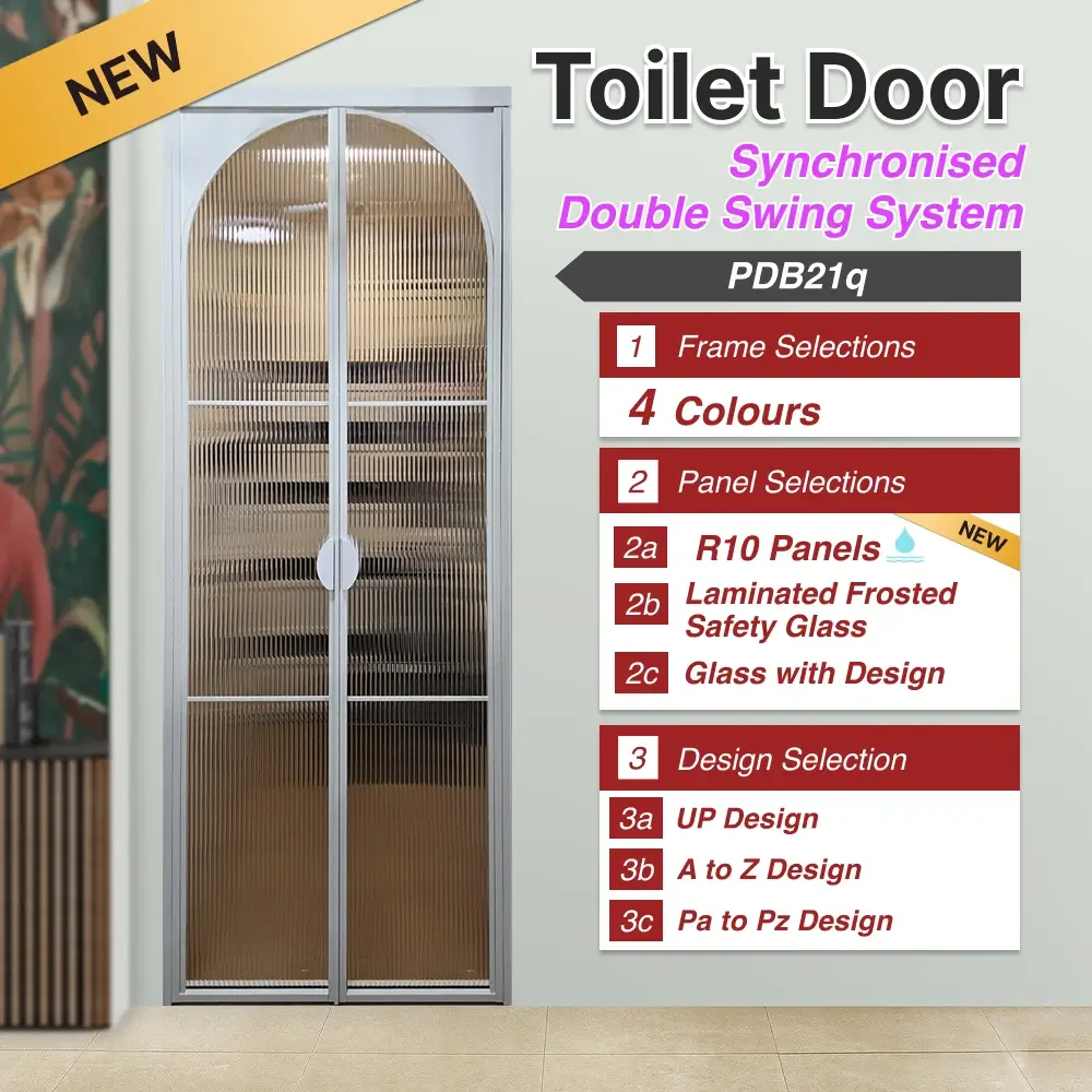 Slim Frame PDB Double Swing Door Selection Slim Frame PDB Double Swing Door with pasted design on laminated safety frosted glass and different selections