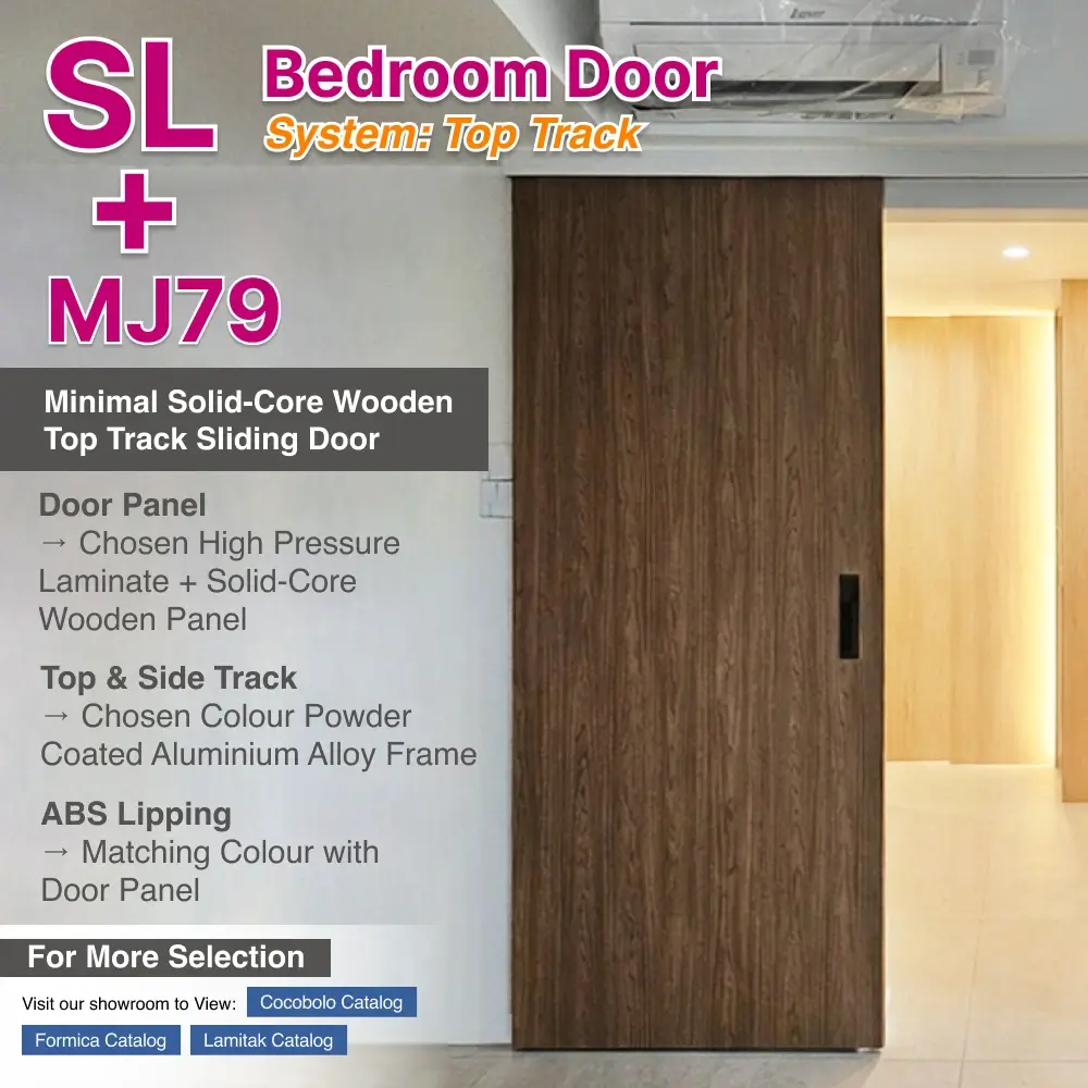 Top Hung SL Bedroom Door with Top Track Sliding System Top Hung SL Bedroom Door with Top Track Sliding System with Panel A: MJ79 High Pressure Laminate (HPL) on Solid Core Wood