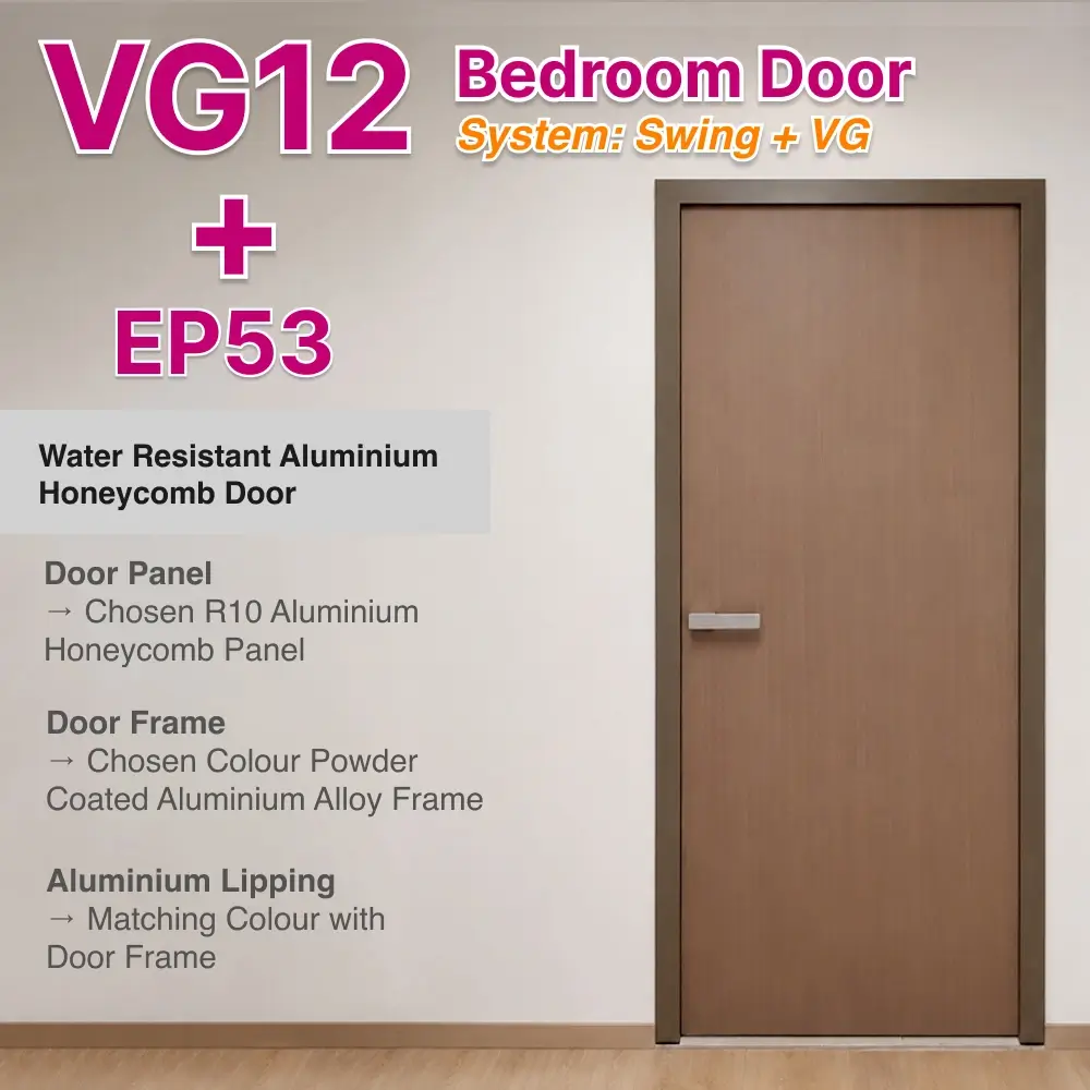 #10 Black Top Hung Aluminium Framed VG Bedroom Door with VG Classy Invisible Hinge Swing System #10 Black Top Hung Aluminium Framed VG Bedroom Door with VG Classy Invisible Hinge Swing System with Panel A: No.53 Door Panel 1803 1803, A dark brown wooden textured thick waterproof aluminium honeycomb panel