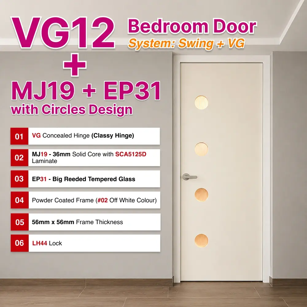 #02 Off White Top Hung Aluminium Framed VG12 Bedroom Door with VG Classy Invisible Hinge Swing System in Circles Custom Design for Bedroom #02 Off White Top Hung Aluminium Framed VG12 Bedroom Door with VG Classy Invisible Hinge Swing System in Custom Design with Panel A: MJ19 High Pressure Laminate (HPL) on Solid Core Wood SCA5125D and Panel B: EP31 Reeded Glass BRG Big Reeded (Fluted) Glass for Bedroom