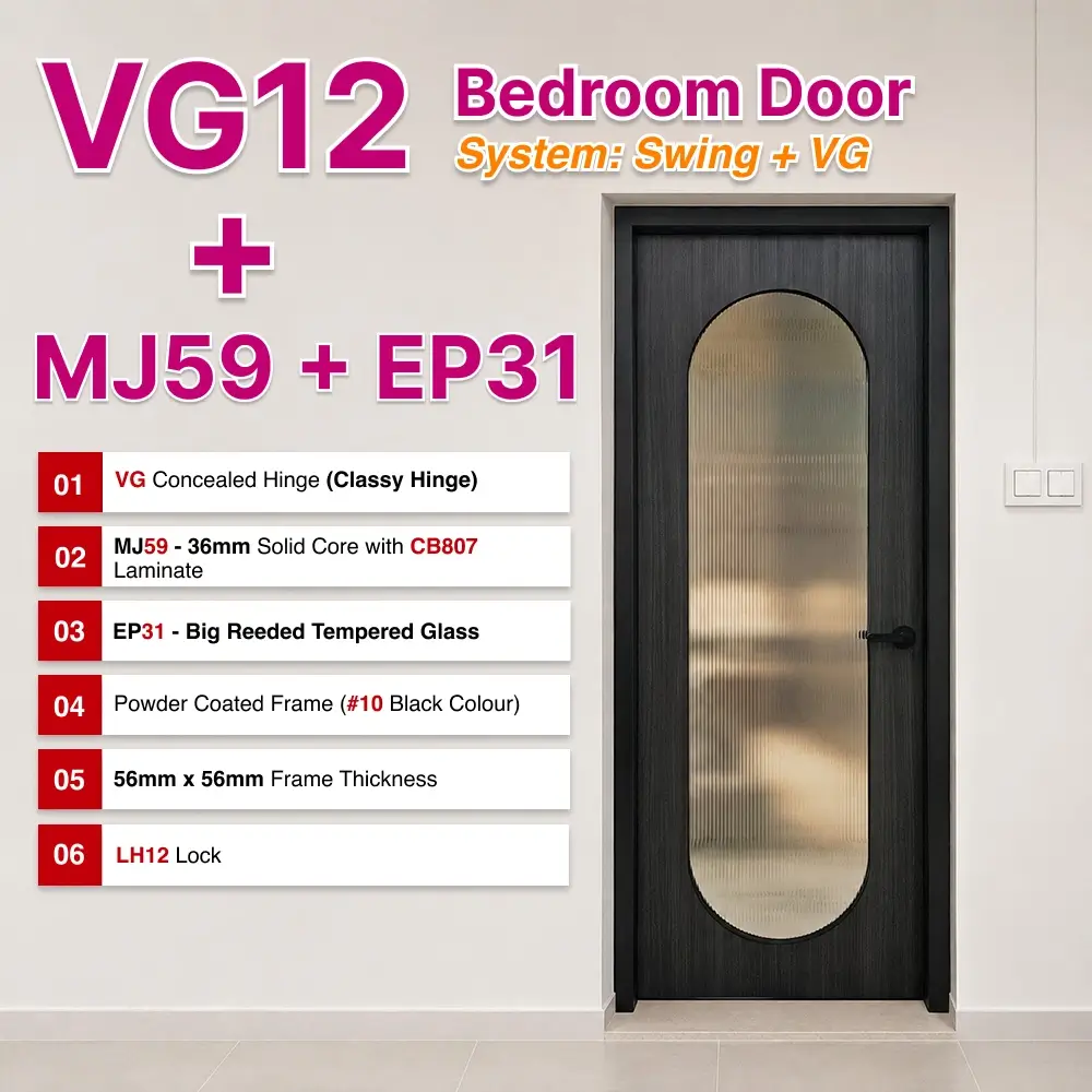 #10 Black Top Hung Aluminium Framed VG12 Bedroom Door with VG Classy Invisible Hinge Swing System in Design UU for Bedroom #10 Black Top Hung Aluminium Framed VG12 Bedroom Door with VG Classy Invisible Hinge Swing System in Design UU with Panel A: MJ59 High Pressure Laminate (HPL) on Solid Core Wood CB807 and Panel B: EP31 Reeded Glass BRG Big Reeded (Fluted) Glass for Bedroom