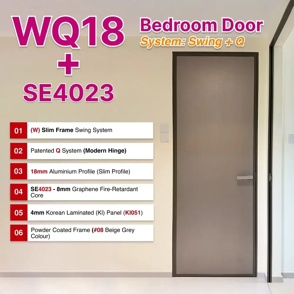 #08 Beige Grey Top Hung Aluminium Framed WQ18 Bedroom Door (French Door) with WQ Slim Frame Q Hinge Swing System in Design O for Bedroom #08 Beige Grey Top Hung Aluminium Framed WQ18 Bedroom Door (French Door) with WQ Slim Frame Q Hinge Swing System in Design O with Panel A: MJ24 High Pressure Laminate (HPL) on Solid Core Wood and KI051, A greyish metalic textured laminate for Bedroom