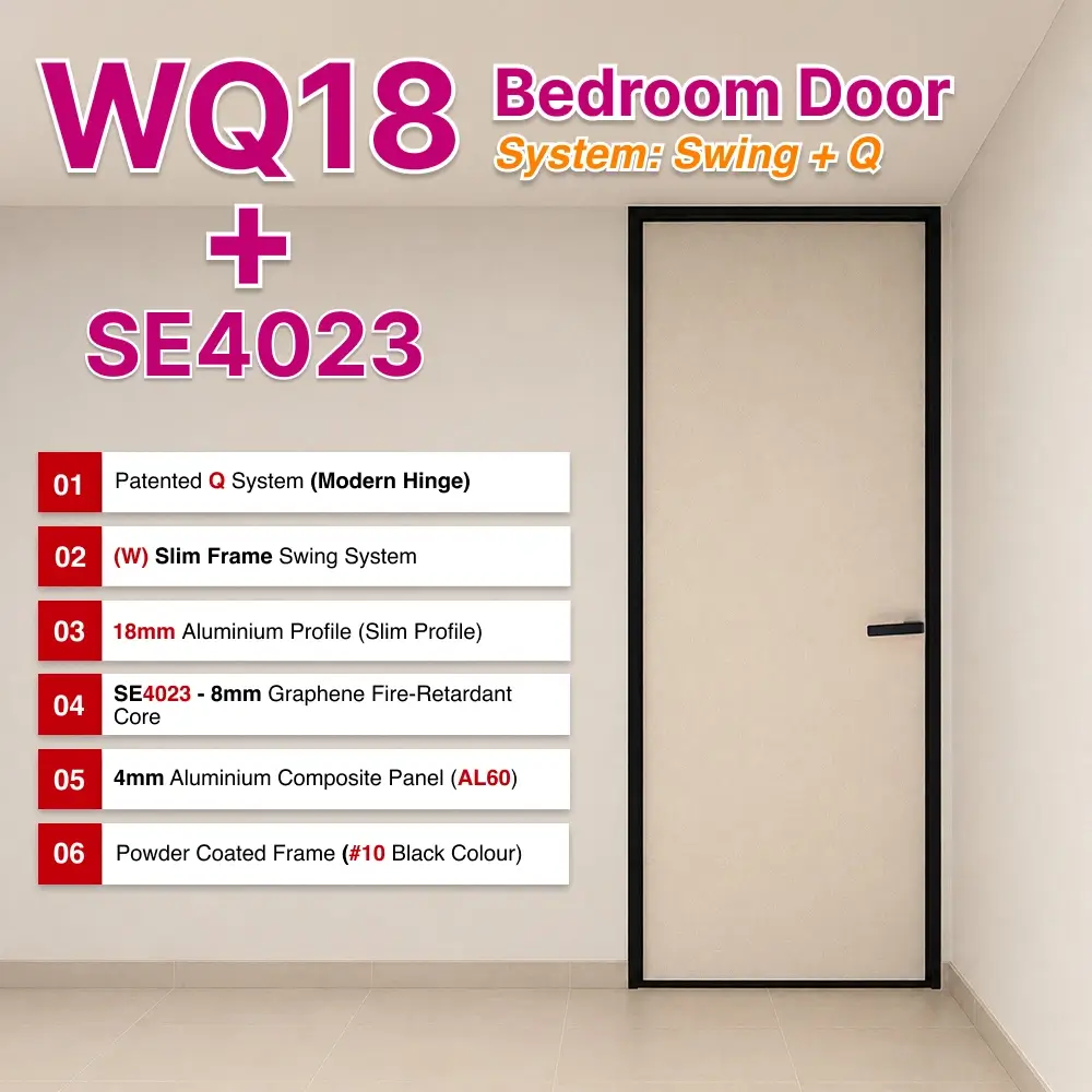 #10 Black Top Hung Aluminium Framed WQ18 Bedroom Door (French Door) with WQ Slim Frame Q Hinge Swing System in Design O for Bedroom #10 Black Top Hung Aluminium Framed WQ18 Bedroom Door (French Door) with WQ Slim Frame Q Hinge Swing System in Design O with Panel A: MJ24 High Pressure Laminate (HPL) on Solid Core Wood and AL60 White Kaki Cloth, A light colour cloth textured Waterproof Aluminium panel material for Bedroom