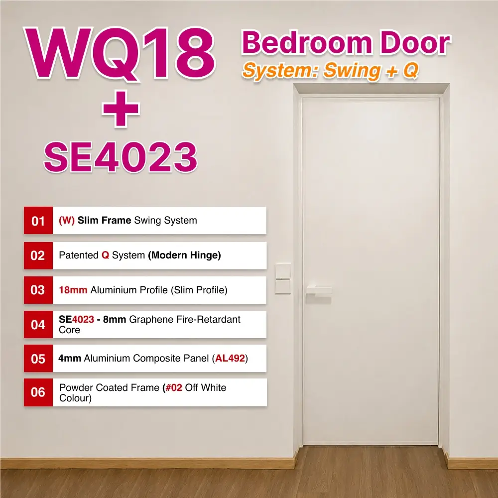 #02 Off White Top Hung Aluminium Framed WQ18 Bedroom Door (French Door) with WQ Slim Frame Q Hinge Swing System in Design O for Bedroom #02 Off White Top Hung Aluminium Framed WQ18 Bedroom Door (French Door) with WQ Slim Frame Q Hinge Swing System in Design O with Panel A: MJ24 High Pressure Laminate (HPL) on Solid Core Wood and AL492 Off White matt coloured, smooth Waterproof Aluminium panel material for Bedroom