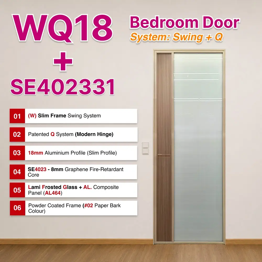 #07 Paper Bark Top Hung Aluminium Framed WQ18 Bedroom Door (French Door) with WQ Slim Frame Q Hinge Swing System in Design D102 for Bedroom #07 Paper Bark Top Hung Aluminium Framed WQ18 Bedroom Door (French Door) with WQ Slim Frame Q Hinge Swing System in Design D102 with Panel A: SE4023 Graphene Fire-Retardant Core AL492 Off White matt coloured, smooth Waterproof Aluminium panel material and Panel B: Glass LFG Laminated Safety Frosted Glass for Bedroom