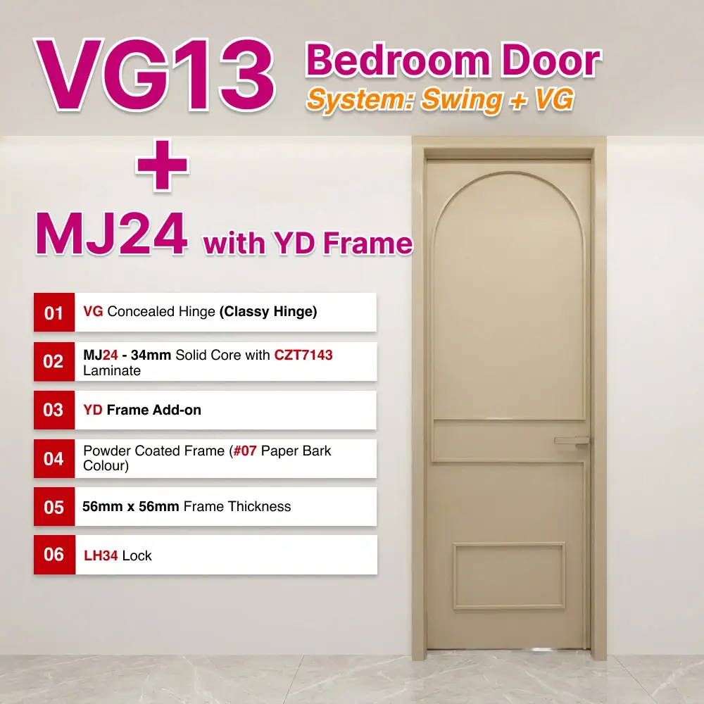 #07 Paper Bark Top-Hung Aluminium-Framed VG13 Bedroom Door with YD Frame, Classy Invisible Hinge Swing System in Custom Aluminium Trimming for Bedroom #07 Paper Bark Top Hung Aluminium Framed VG13 Bedroom Door with VG Classy Invisible Hinge Swing System in Custom Design with Panel A: MJ24 High Pressure Laminate (HPL) on Solid Core Wood CZT7143 and YD Add-on Frame for Bedroom