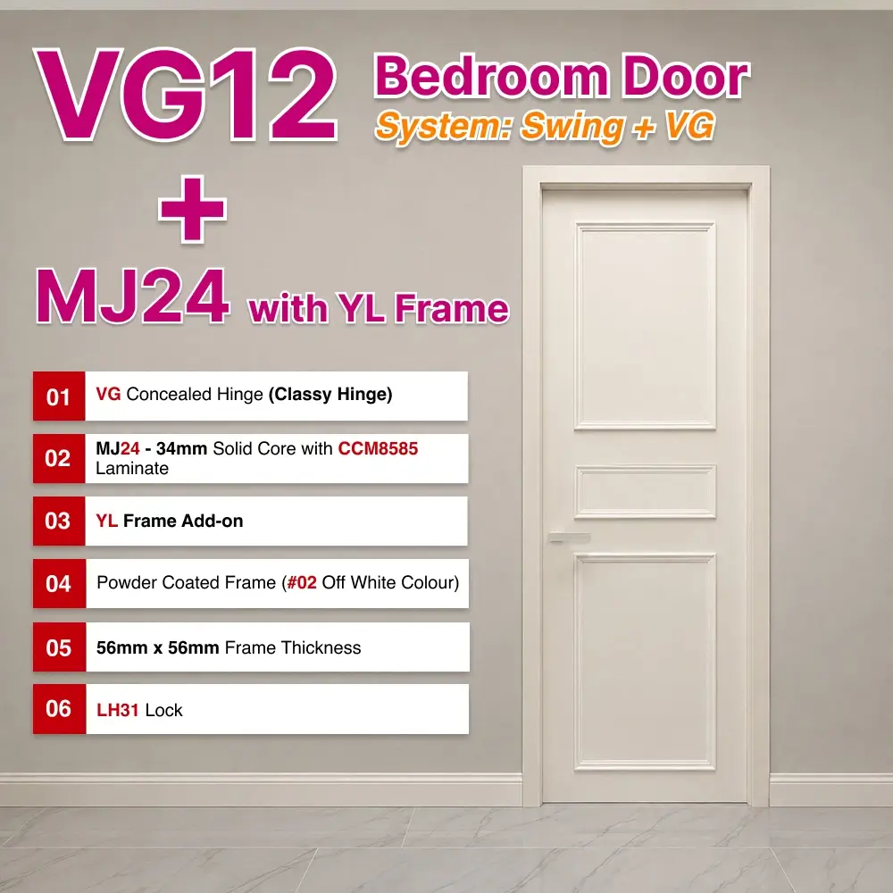 #02 Off White Top-Hung Aluminium-Framed VG12 Bedroom Door with YL Frame, Classy Invisible Hinge Swing System in Custom Aluminium Trimming for Bedroom #02 Off White Top Hung Aluminium Framed VG12 Bedroom Door with VG Classy Invisible Hinge Swing System in Custom Design with Panel A: MJ24 High Pressure Laminate (HPL) on Solid Core Wood CCM8585 and YL Add-on Frame for Bedroom