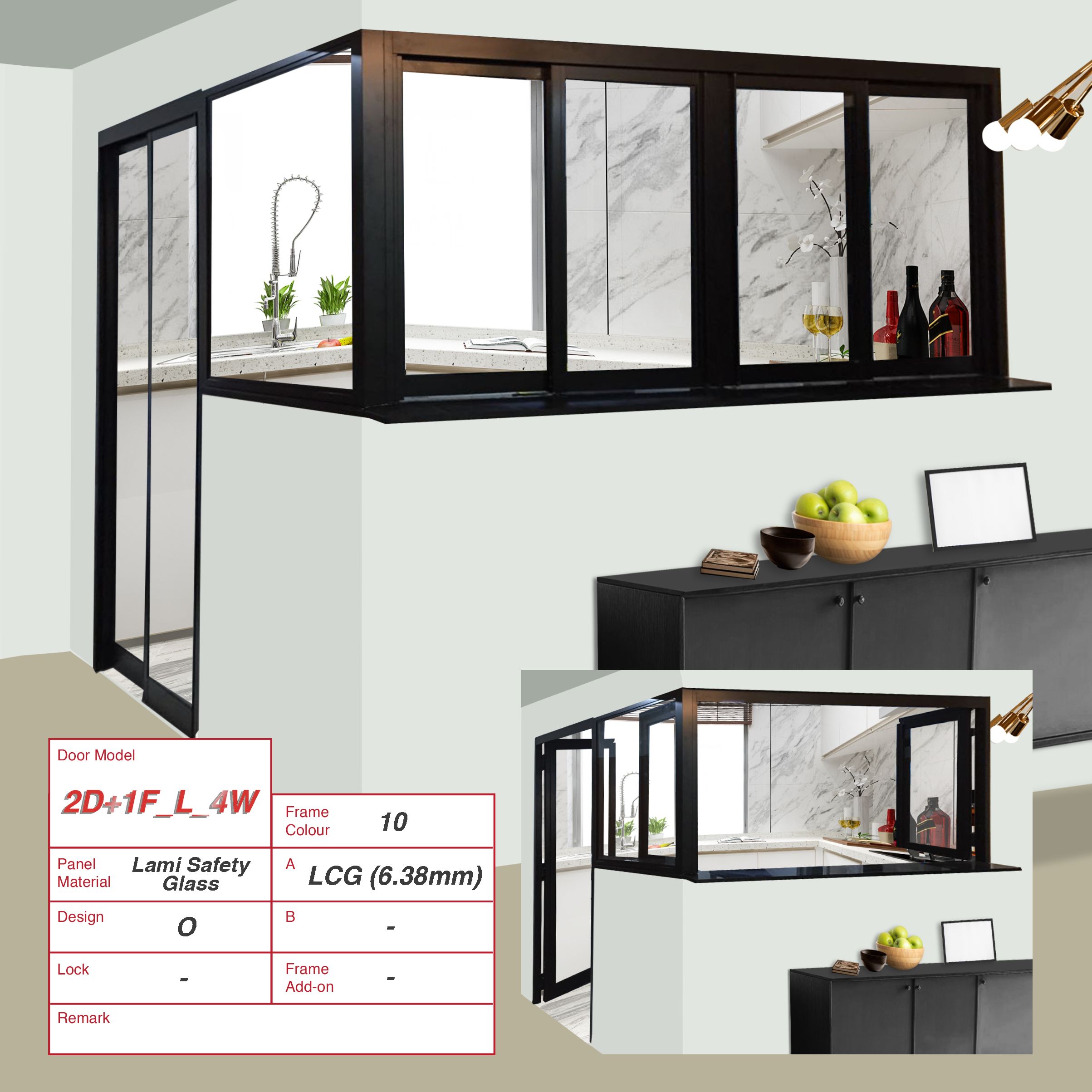 Black L-Shaped Kitchen Open Concept with 1 Slide & Swing Door + 1 Fixed Window connected to 4 windows at a 90 degree angle.