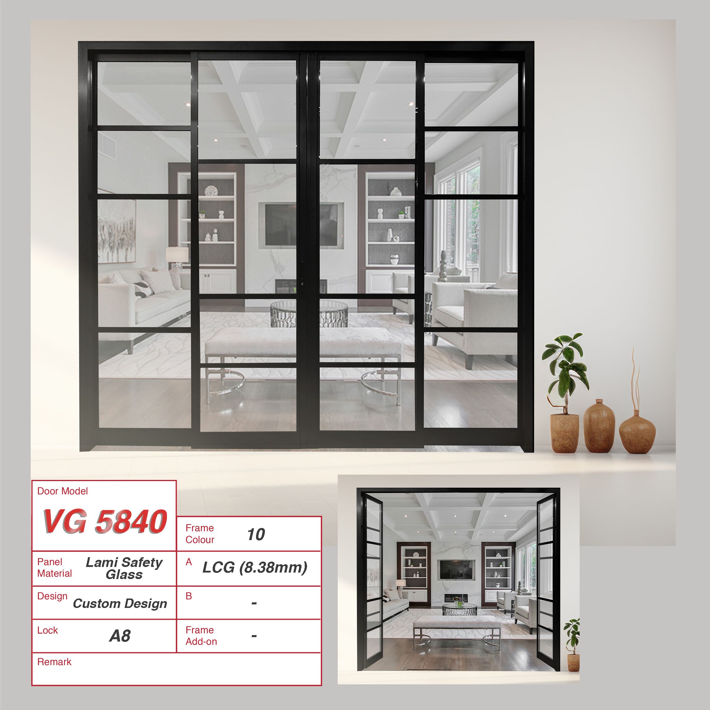4 Panel Living Room Divider with design using lami clear glass