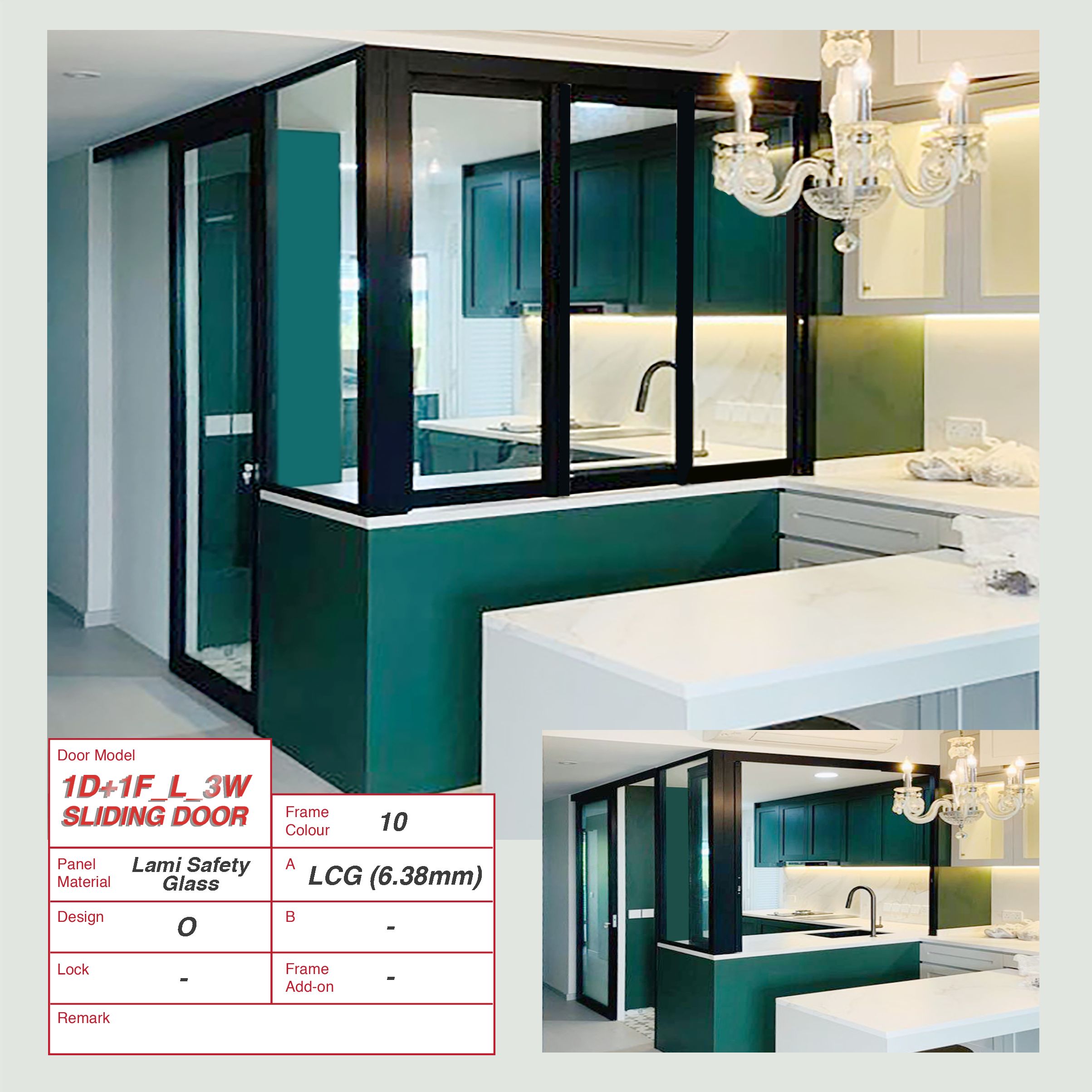 Black L-Shaped Kitchen Open Concept with 1 Sliding Door + 1 Fixed Window connected to 3 windows at a 90 degree angle.