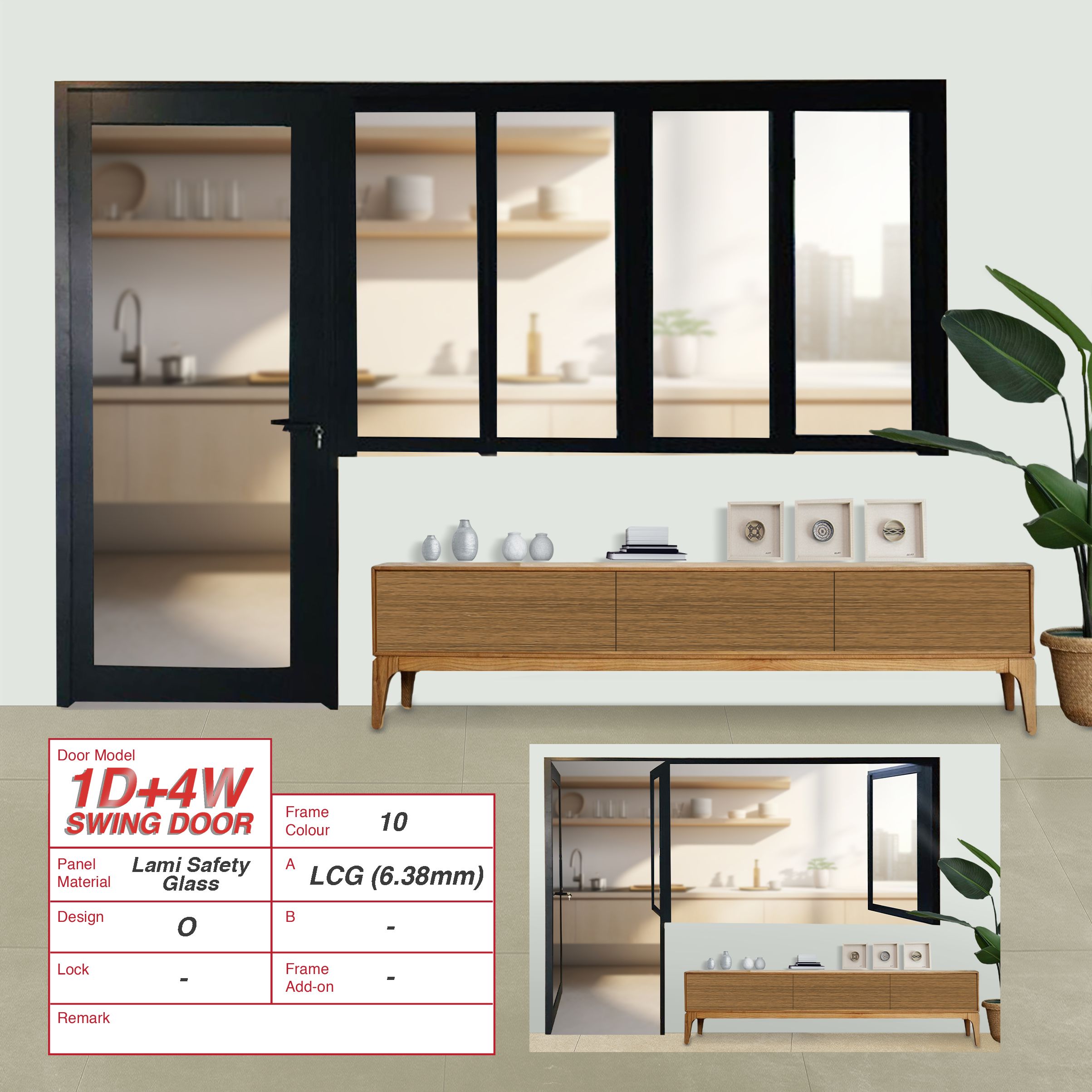 1 Door Kitchen Open Concept with Swing Door & 4 Windows