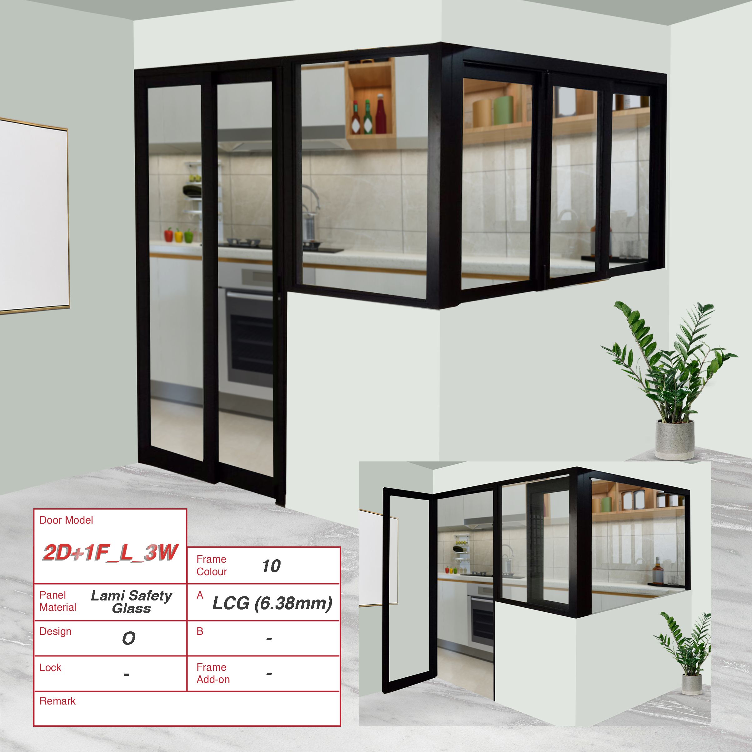 Black L-Shaped Kitchen Open Concept with 1 Slide & Swing Door + 1 Fixed Window connected to 3 windows at a 90 degree angle.