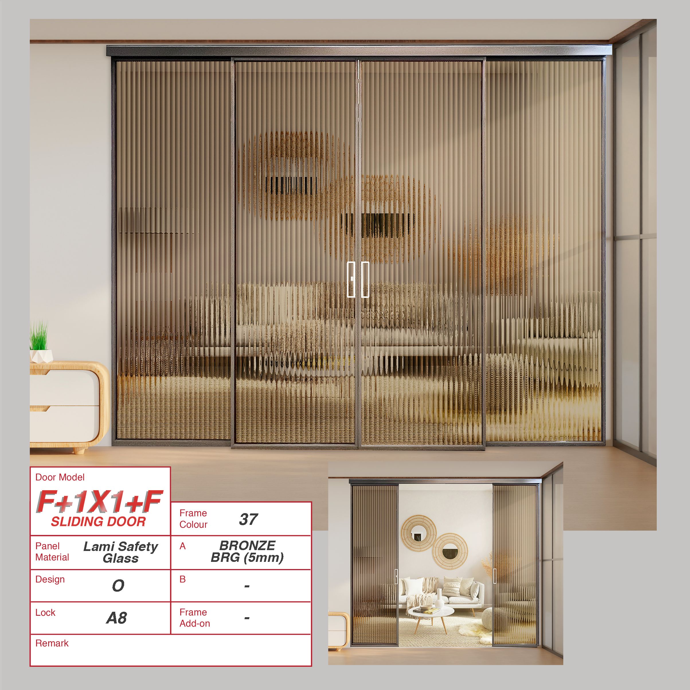 Living Room Synchronised Sliding Door with Bronze Reeded Glass