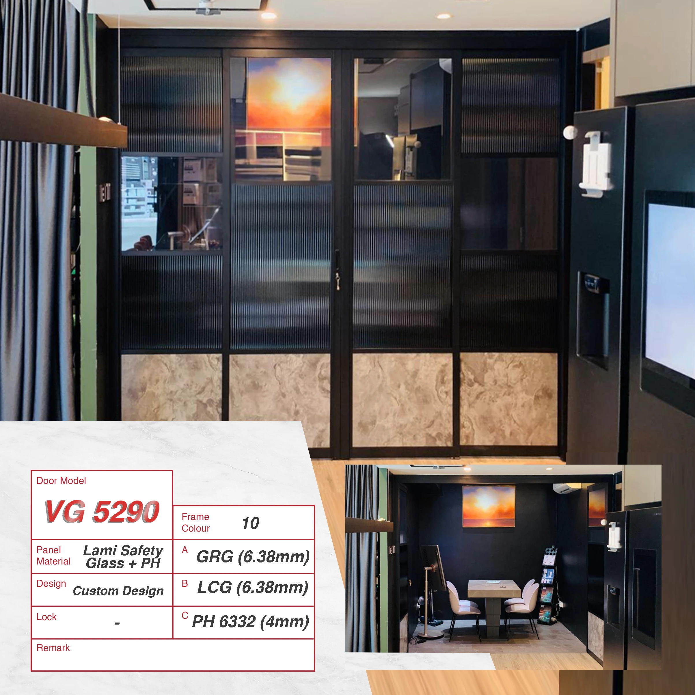 Black 4 Panel Study Divider with Custom Design using Grey Reeded Glass, Lami Clear Glass and beige marble like panels