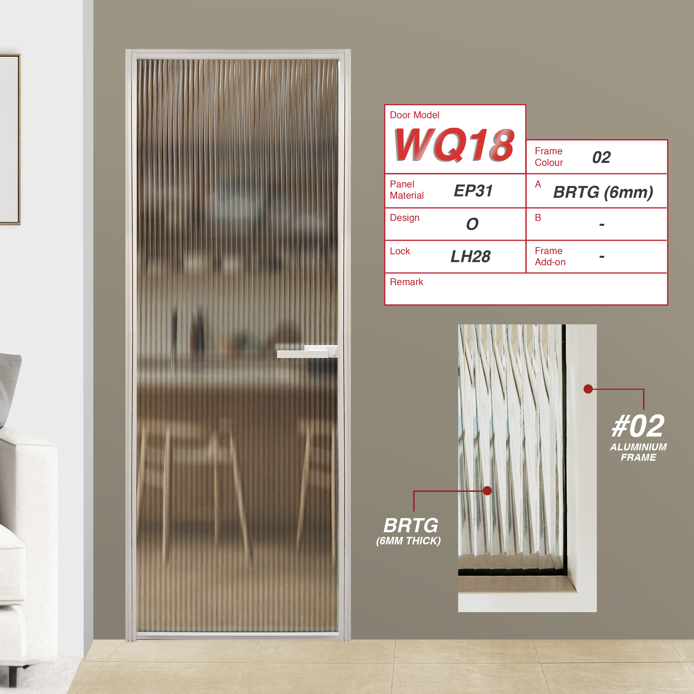 White Colour Toilet Swing Door with Q Hinge and Lami Frosted Glass Panel
