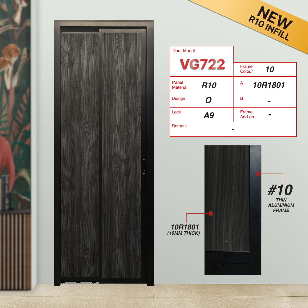 Black Slide and Swing 4.0: VG722 Slide and Swing Door Design O with 10R1801: A blackish wood-like textured panel