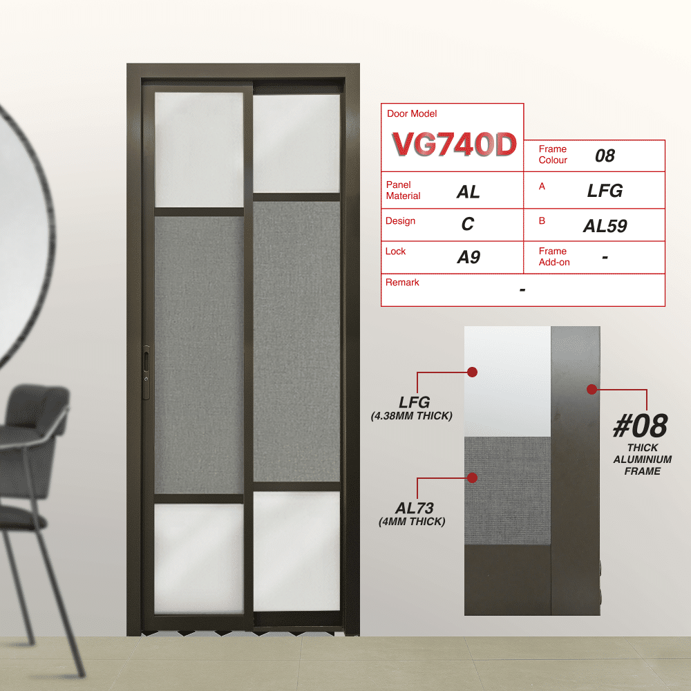 Beige Grey Slide and Swing 4.0: VG740 Slide and Swing Door Design C with Lami Frosted Glass (LFG) and Supreme Grey Cloth (AL59)