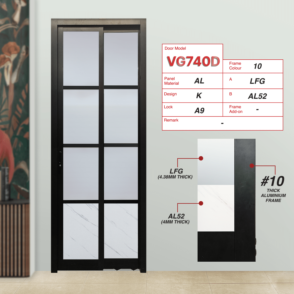 Black Slide and Swing 4.0: VG740D Slide and Swing Door Design K with Lami Frosted Glass (LFG) and Volakos White [Glossy] (AL52)