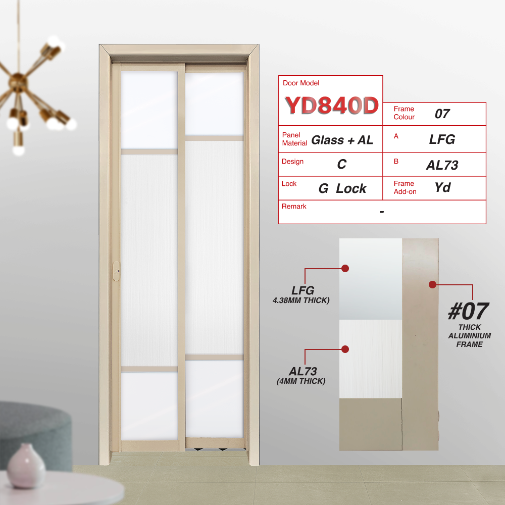 Paper Bark Slide and Swing 4.0: YD840 Slide and Swing Door Design C with Lami Frosted Glass (LFG) and White Kaki Cloth (AL60)