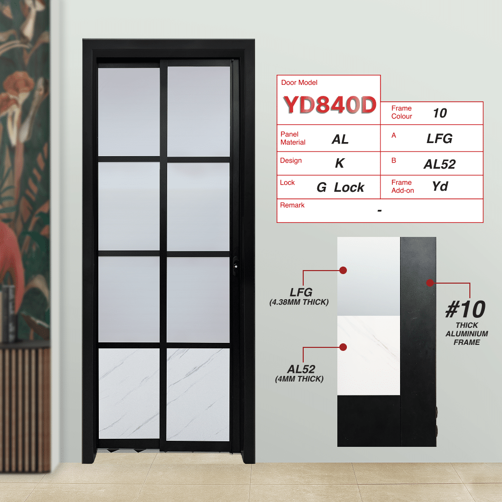 Black Slide and Swing 4.0: YD840 Slide and Swing Door Design K with Lami Frosted Glass (LFG) and Volakos White [Glossy] (AL52)