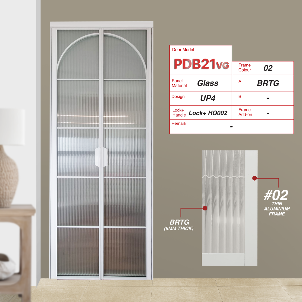 Off White Synchronised Double Swing Door with VG Hinge PDB21VG Design UP4 with Big Reeded Tempered Glass (BRTG)