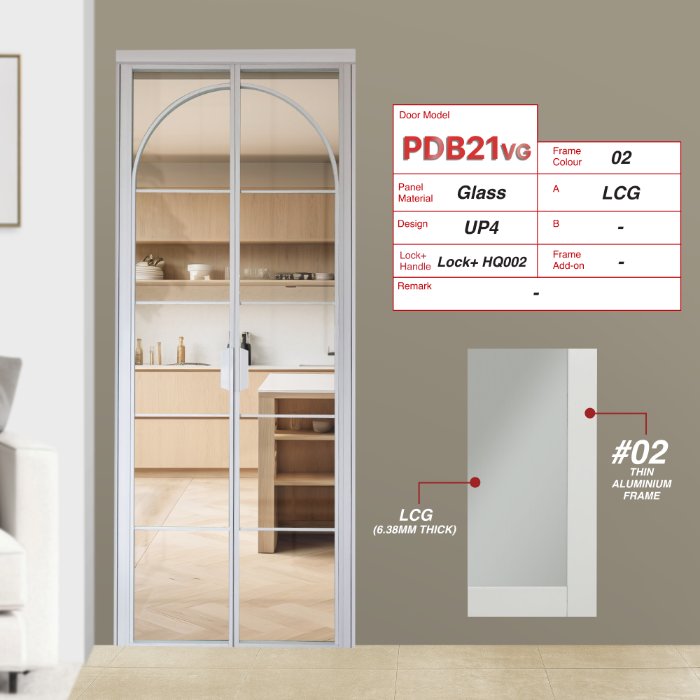 Off White Synchronised Double Swing Door with VG Hinge PDB21VG Design UP4 Lami Clear Glass (LCG)