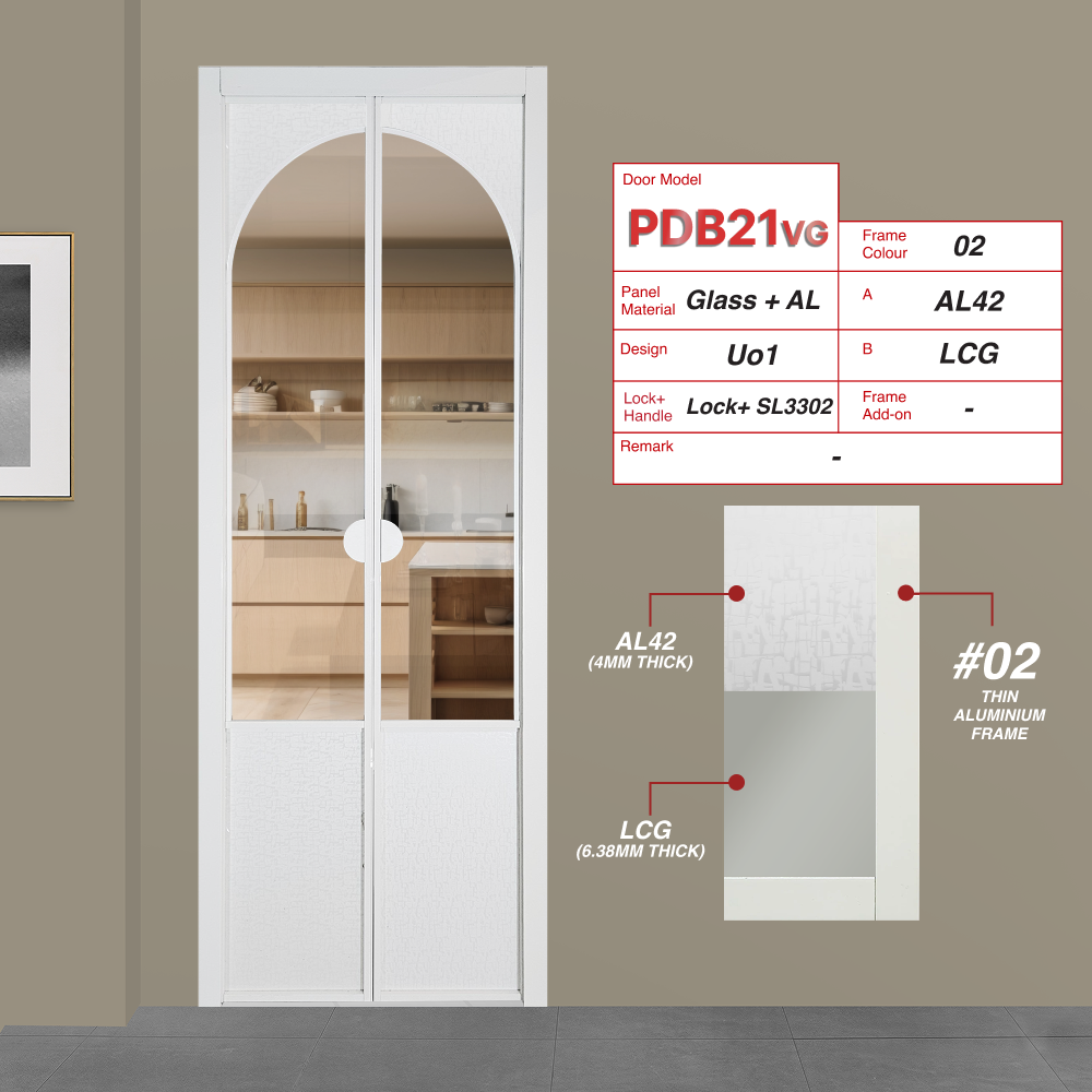 Off White Synchronised Double Swing Door with VG Hinge PDB21VG Design Uo1 with Animal Character Picture (AL42) and Lami Clear Glass (LCG)