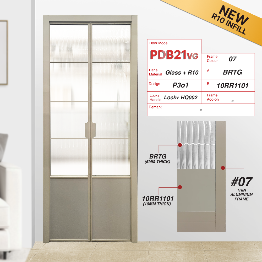 Paper Bark Synchronised Double Swing Door with VG Hinge PDB21VG Design P3o1 with Big Reeded Tempered Glass (BRTG) and 10RR1101: A matte beige coloured panel