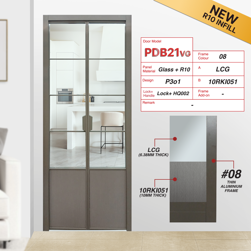 Beige Grey Synchronised Double Swing Door with VG Hinge PDB21VG Design P3o1 with Big Reeded Tempered Glass (BRTG) and Real Metal (10RKI051)