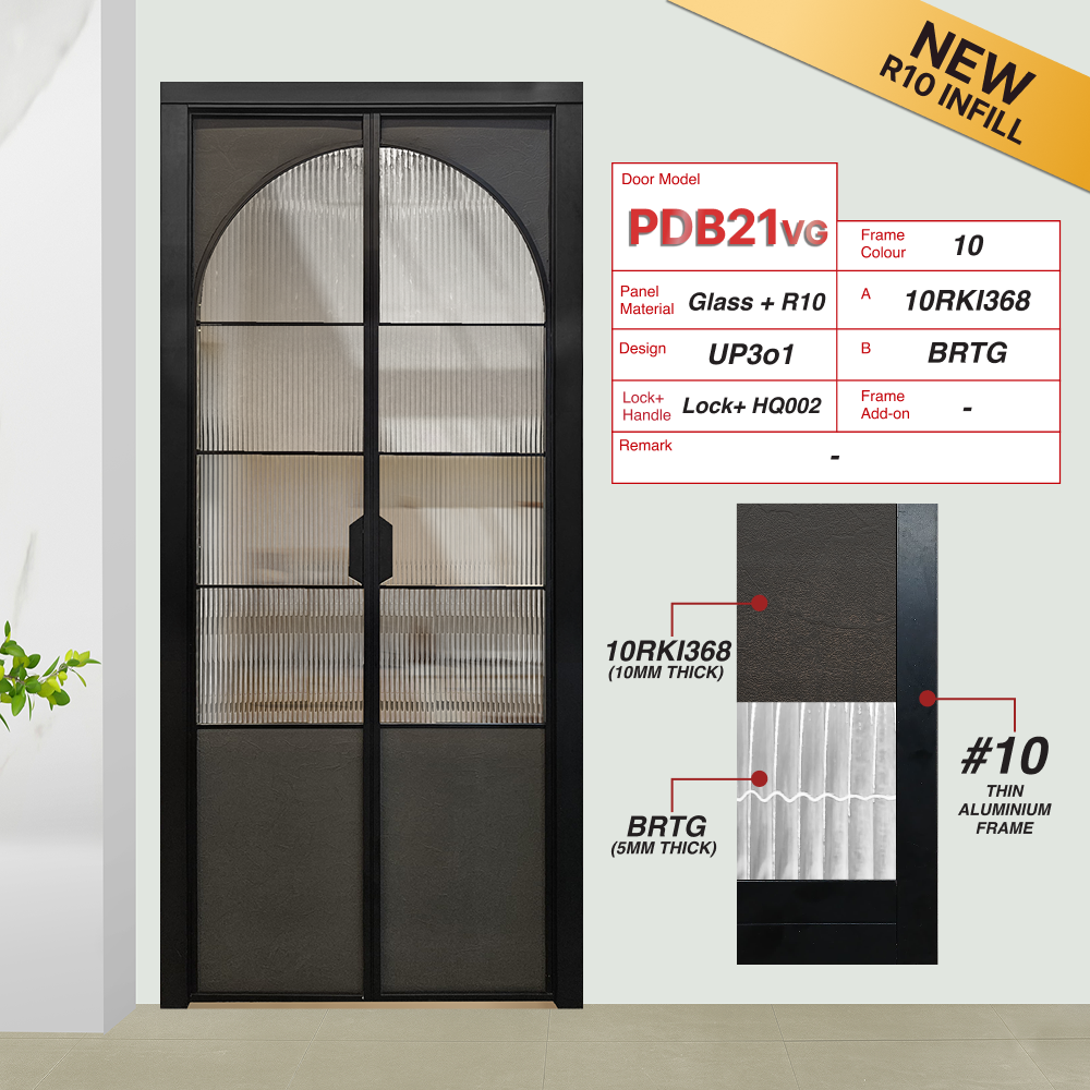 Black Synchronised Double Swing Door with VG Hinge PDB21VG Design UP3o1 with Real Cement (10RKI368) and Big Reeded Tempered Glass (BRTG)