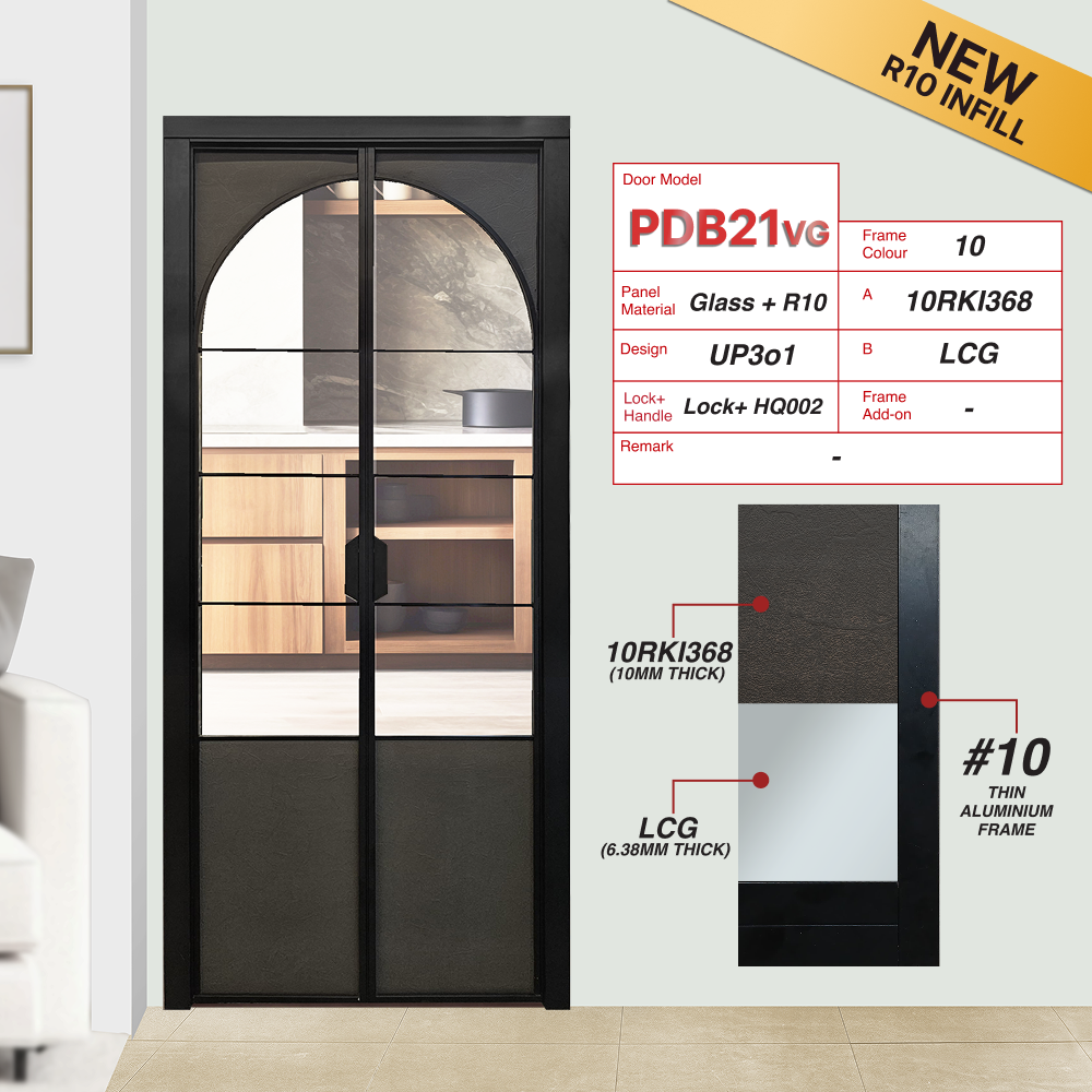 Black Synchronised Double Swing Door with VG Hinge PDB21VG Design UP3o1 with Real Cement (10RKI368) and Lami Clear Glass (LCG)