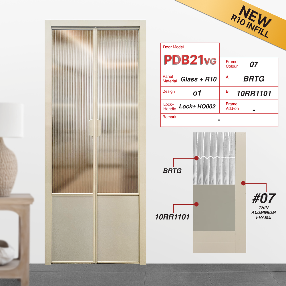 Paper Bark Synchronised Double Swing Door PDB21VG Design o1 with Big Reeded Tempered Glass (BRTG) and 10RR1101: A matte beige coloured panel
