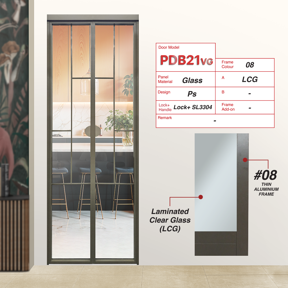 Paper Bark Synchronised Double Swing Door PDB21VG Design Ps with Laminated Clear Glass (LCG)