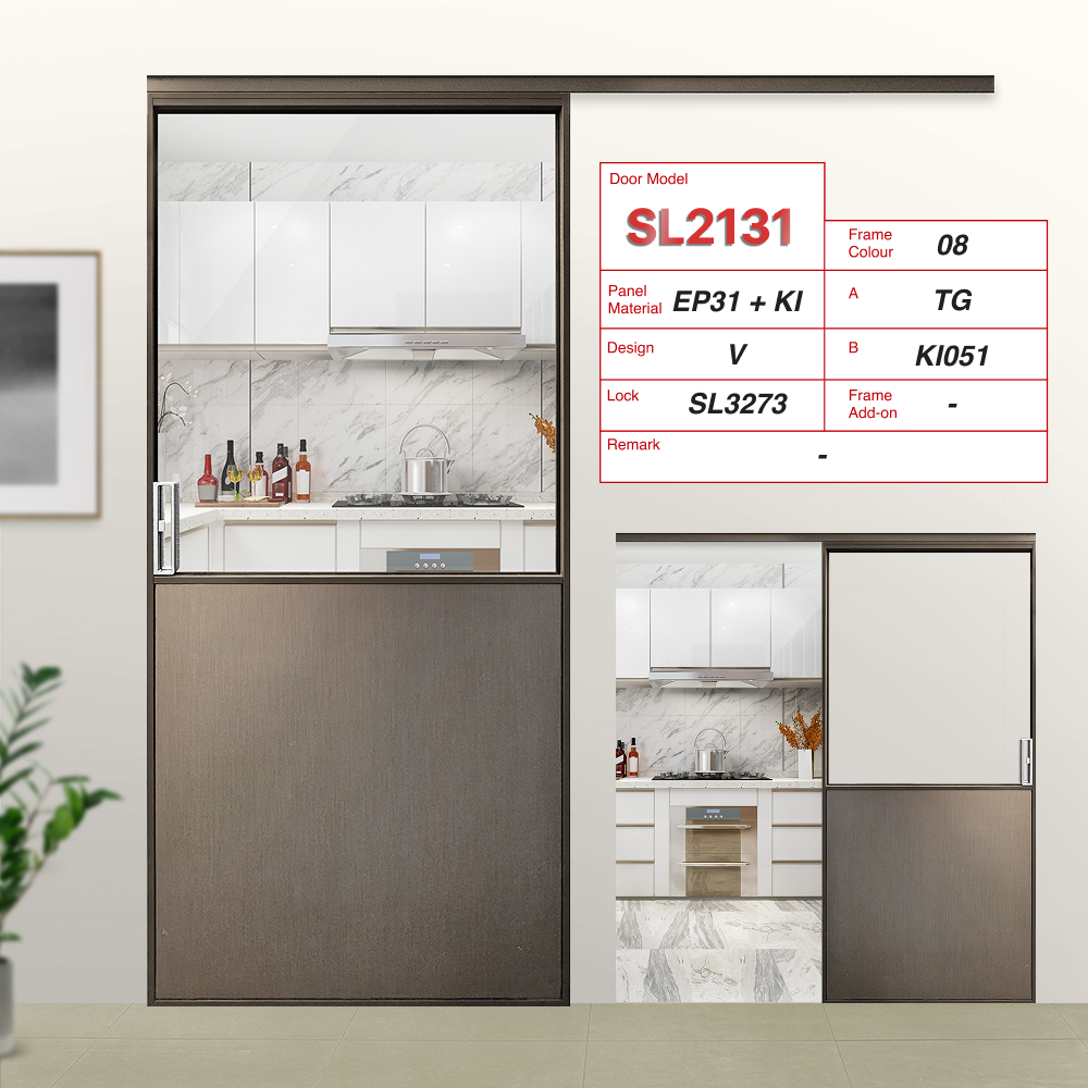 Beige Grey Top Track Sliding Door SL21-31 V with Tempered Glass (TG) and Real Metal (KI051)
