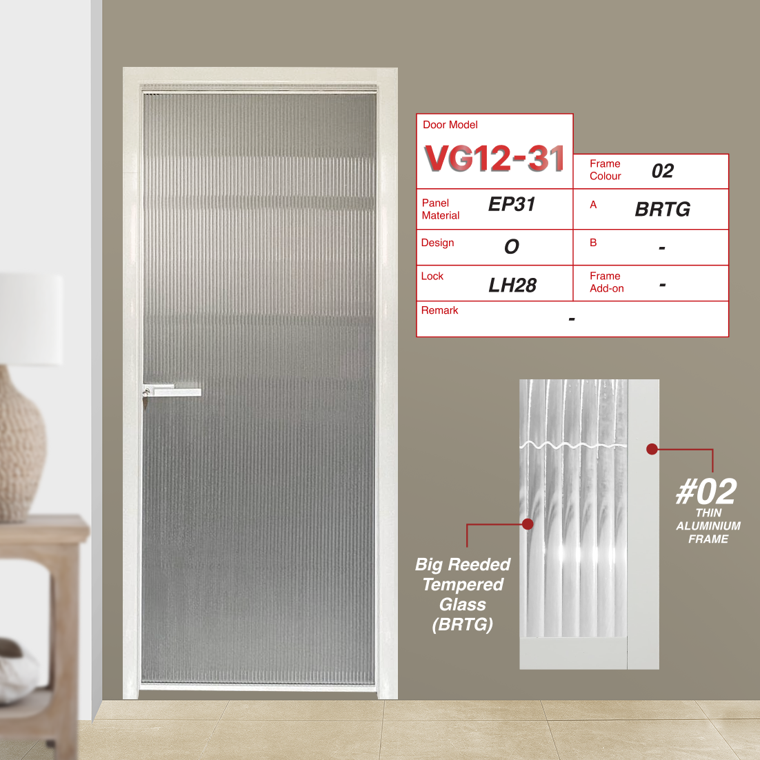 Off White Classy Swing Door VG12-31 Design O with Big Reeded Tempered Glass (BRTG)