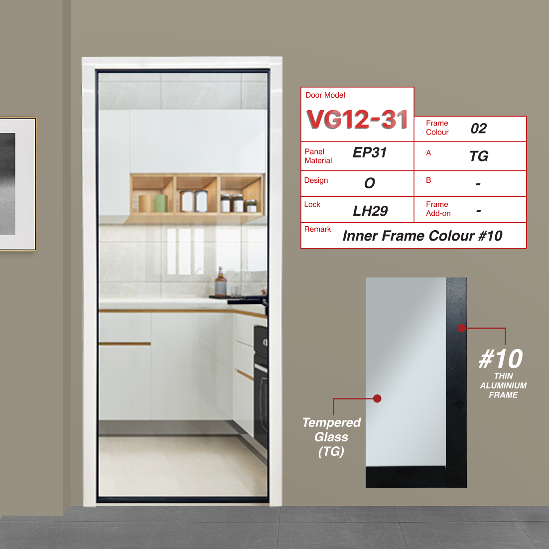 Off White Classy Swing Door VG12-31 Design O with Tempered Glass (TG) and Black Inner Frame