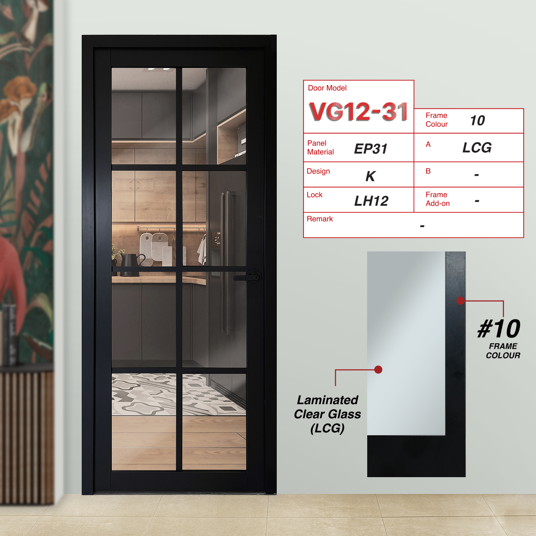Black Classy Swing Door VG12-31 Design K with Laminated Clear Glass (LCG)