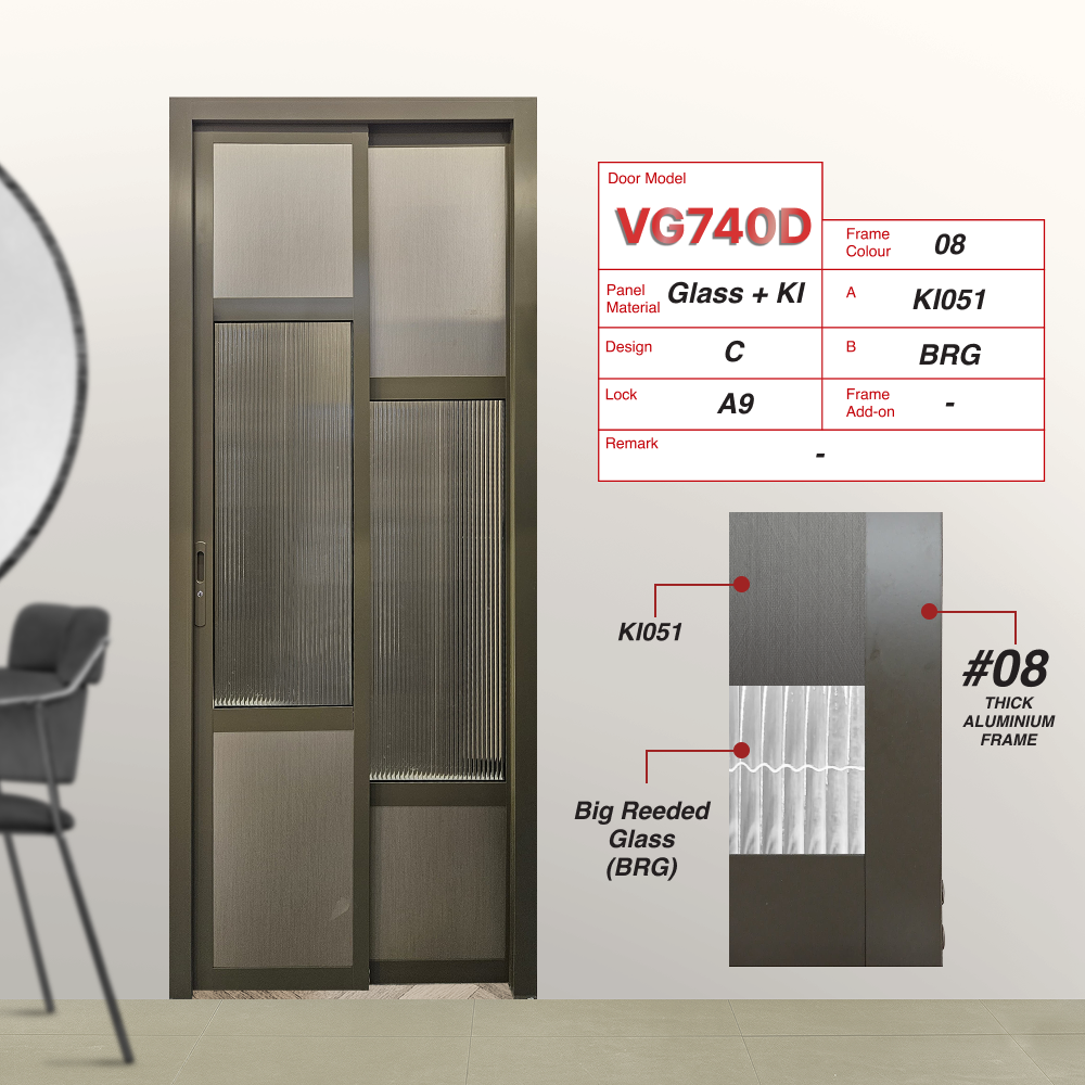 Beige Grey Slide and Swing 4.0: VG740 Slide and Swing Door Design C with Real Metal (KI051) and Big Reeded Glass (BRG)