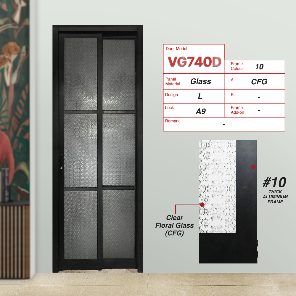 Black Slide and Swing 4.0: VG740 Slide and Swing Door Design L with Clear Floral Glass (CFG)