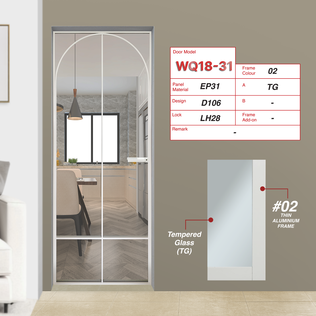 Off White Slim Frame Swing Door:  WQ18-31 Design D106 with Tempered Glass (TG)
